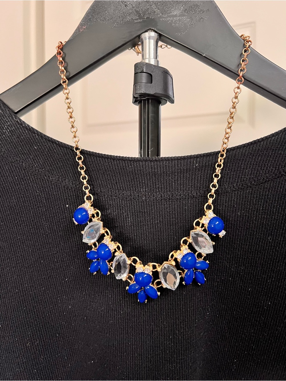 Gold -Tone Statement Bib Necklace with Royal Blue and Clear Crystal rhinestones